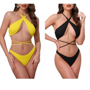 INSPIRE CHIC Women's Criss Cross Backless Ribbed Strappy Top Triangle Bottom Swimwear Bikini Suits 2 Sets - 1 of 4