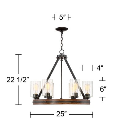 Bronze and Wood Wagon Wheel Chandelier with Clear Glass Shades