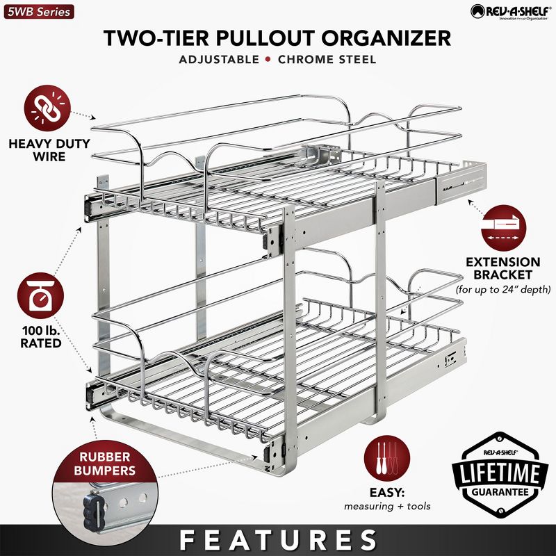 Rev-A-Shelf 5WB2 2-Tier Wire Basket Pull Out Shelf Storage for Kitchen Base Cabinet Organization, Chrome, 4 of 6