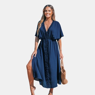 Women's Navy Dolman Sleeve Micro-Ruffle Midi Dress - Cupshe