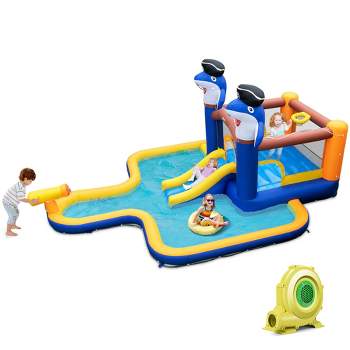 Costway Inflatable Water Slide Park Bounce House Splash Pool Water Cannon with 735W Blower