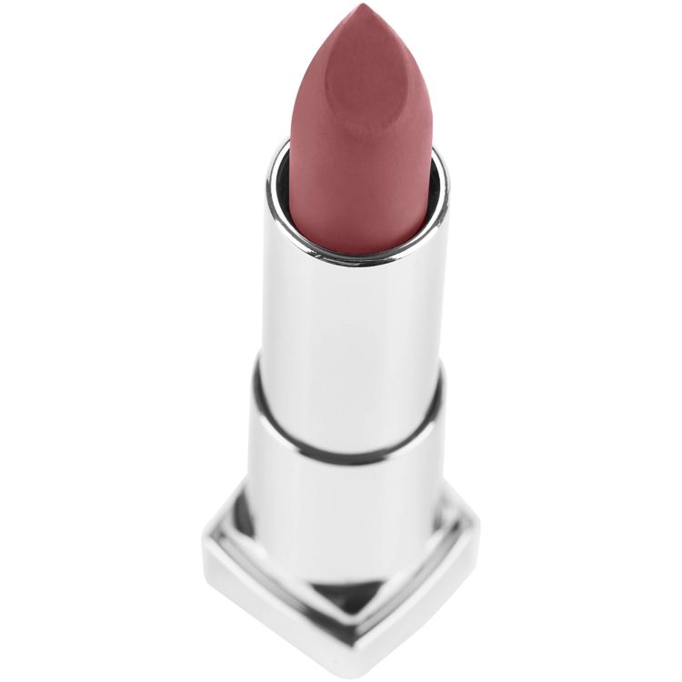 A tube of lipstick in a muted rose color with a silver metallic casing.