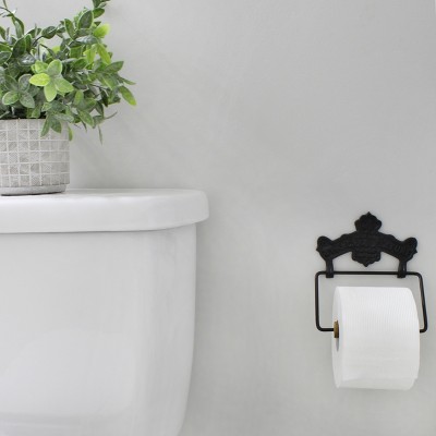Vintage Black Cast Iron and Wood Wall Mount Toilet Paper Holder
