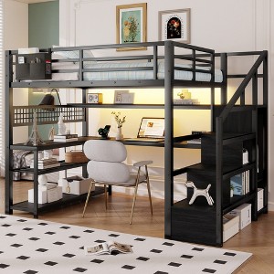 Whisen Full Size Metal Loft Bed & Bed Frame with Staircase and Wardrobe, Desk, Storage Shelves - 1 of 4