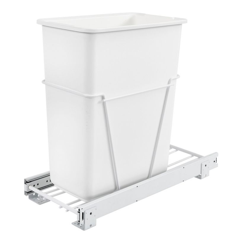 Rev-A-Shelf Single Pull-Out Trash Can for Bottom Mount Kitchen Cabinets 30 Qt Wire Construction with Full-Extension Slides, White, RV-9PB S, 1 of 7