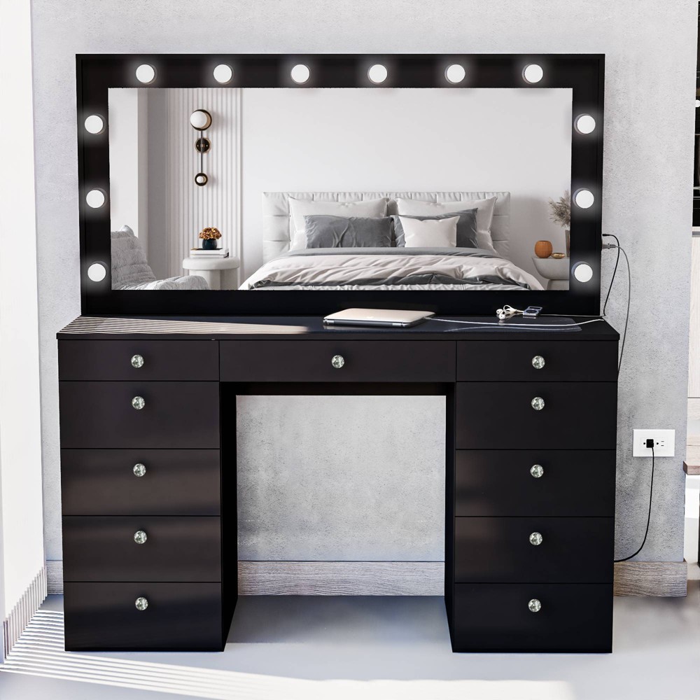 Photos - Bedroom Set Caroline Lighted Crystal Knobs Makeup Vanity Black - Boahaus
