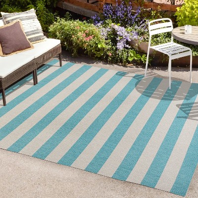 Aqua and Cream Wide Stripe Synthetic Indoor/Outdoor Rug 3x5