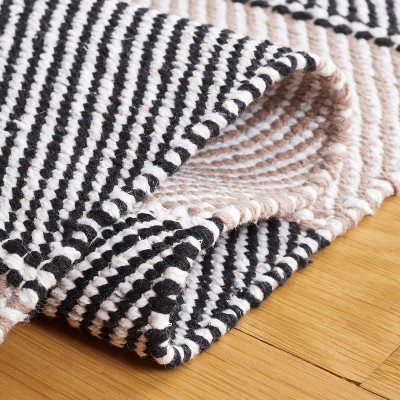Ivory and Black Wool Cotton Striped 3' x 5' Handmade Rug