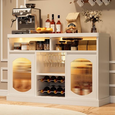 Wine Bar Cabinet with LED Light, 47" Liquor Storage Cabinet with Wine Rack and Glass Hanger