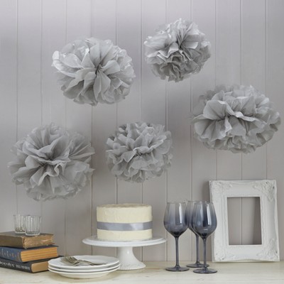 5ct Vintage Lace Pom Pom Tissue Paper Gray