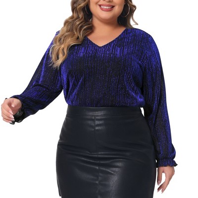 Agnes Orinda Women's Plus Size Glitter Sparkle V Neck Metallic Party Sequin Blouses