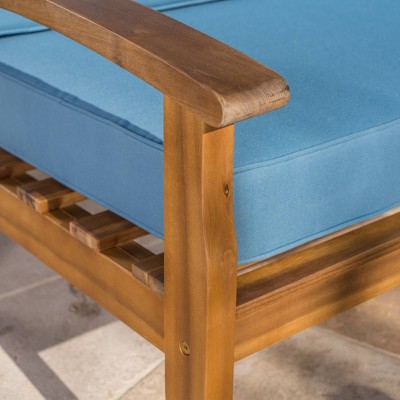 Acacia Wood Loveseat and Coffee Table Set with Blue Cushions