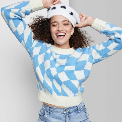 Women's Crewneck Pullover Sweater - Wild Fable™ Azure Check XS