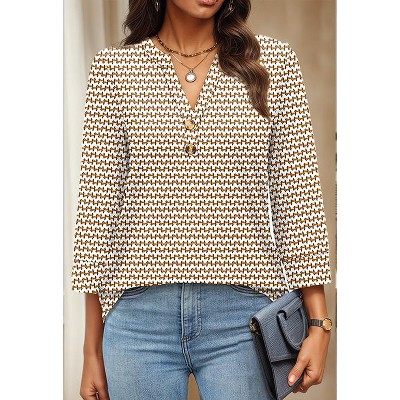 Women 3/4 Sleeve Shirts Notch V Neck Tops Casual Dressy Blouses Beach Vacation Tunic Tops