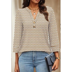 Women 3/4 Sleeve Shirts Notch V Neck Tops Casual Dressy Blouses Beach Vacation Tunic Tops - 1 of 4