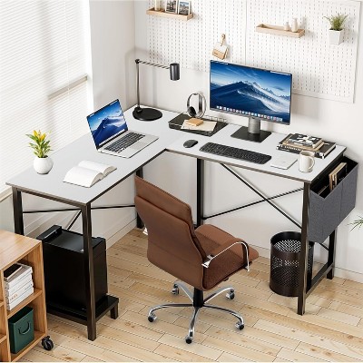CAVINAS Home Office Desk L-Shaped Gaming Desk with Side Storage Pocket and CPU Bracket for Work, Game