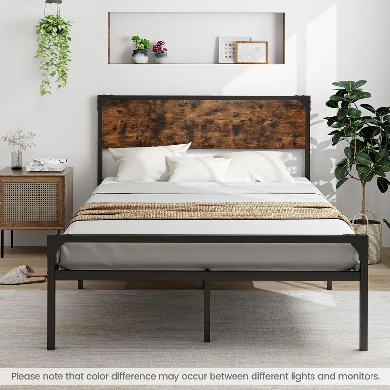 Costway Platform Full/Queen Bed with Rustic Headboard & Footboard Strong Metal Slat Support, 4 of 10