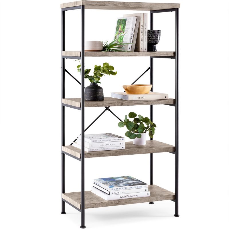 Best Choice Products 5-Tier Rustic Industrial Bookshelf Display Décor Accent w/ Metal Frame, Wood Shelves, 1 of 12