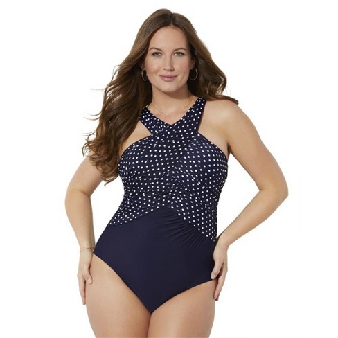 Swimsuits for All Women's Plus Size High Neck Wrap One Piece Swimsuit, 8 -  Blue White Dot