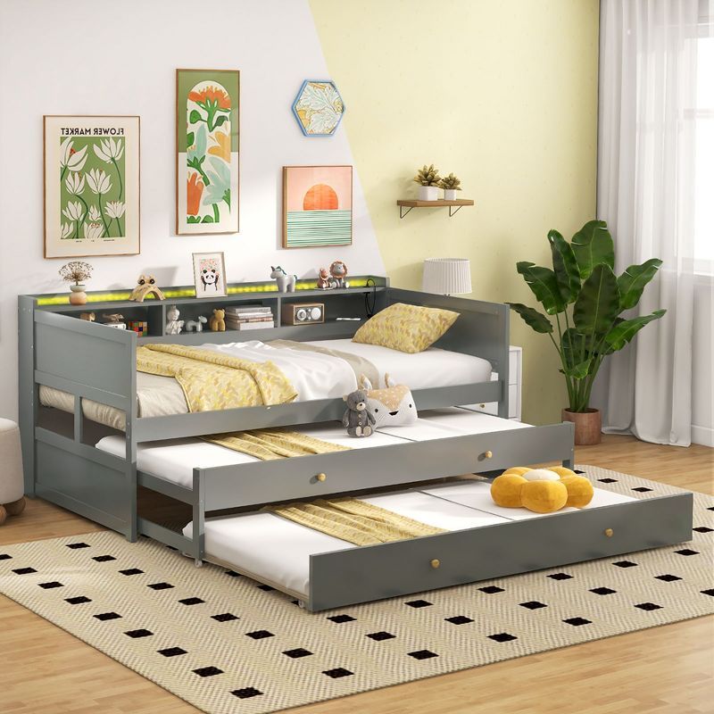Tangkula Twin XL Captain Daybed w/ 2 Twin Trundle Storage RGB Lights Charge Station Gray, 4 of 10