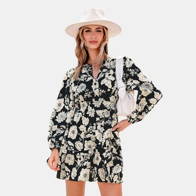 Women's Black & White Floral Blouson Sleeve Mini Dress - Cupshe