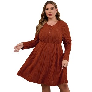 Coolmee Women's Plus Size Sweater Dresses Knit Textured Long Sleeve Button Loose Casual Pleated Fall Dress - 1 of 4