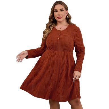 Coolmee Women's Plus Size Sweater Dresses Knit Textured Long Sleeve Button Loose Casual Pleated Fall Dress 5XL Caramel