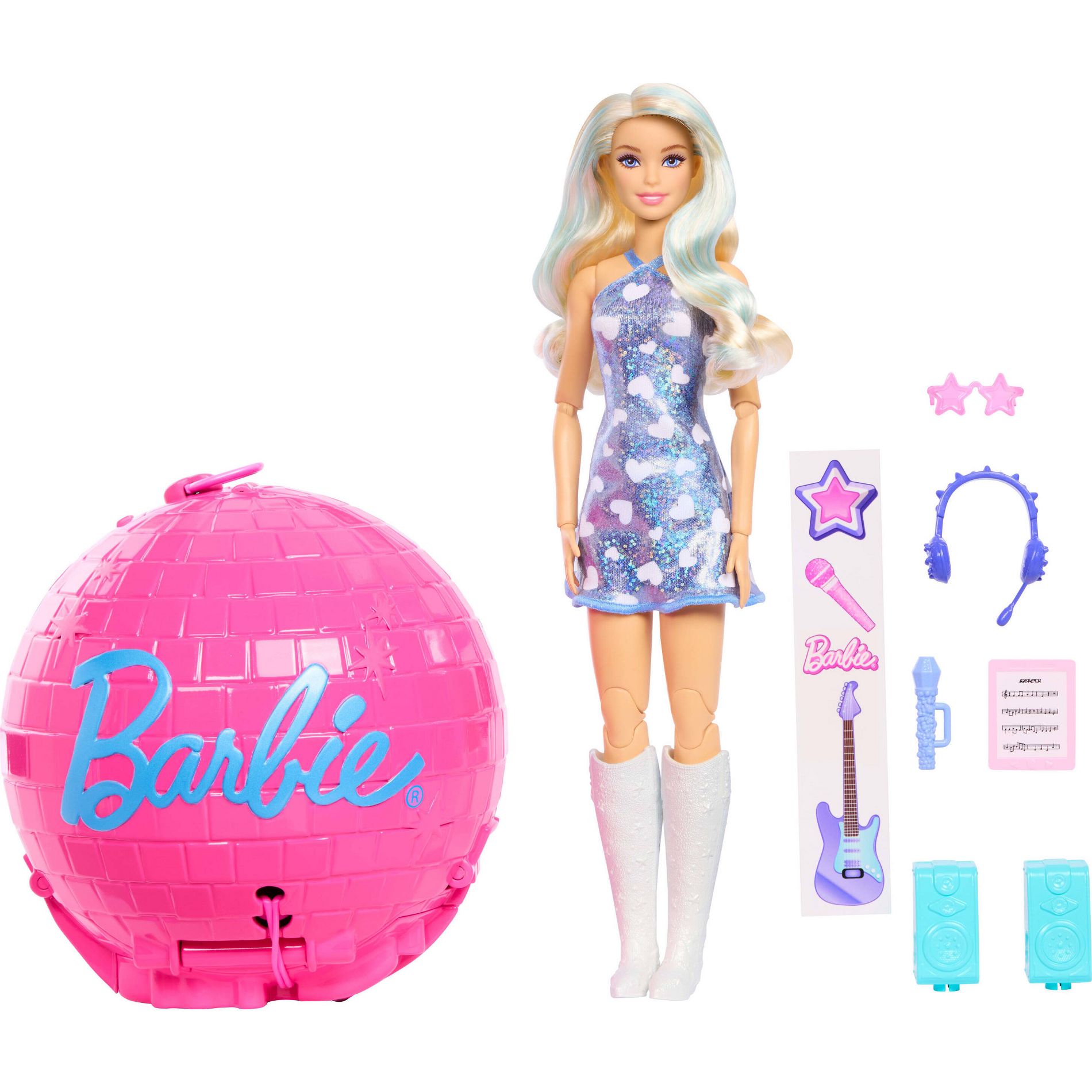 Barbie Team Barbie Roll and Reveal Pop Star Doll and Accessories with Blonde Fashion Doll 8 Surprises s and Disco Ball Encasement