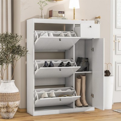 Shoe Cabinet, Free Standing Tipping Bucket Shoe Rack, Entryway Narrow Shoe Storage, Wooden Shoe Rack Organizer for Entryway Hallway Living Room