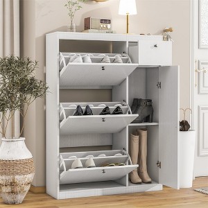 Shoe Cabinet, Free Standing Tipping Bucket Shoe Rack, Entryway Narrow Shoe Storage, Wooden Shoe Rack Organizer for Entryway Hallway Living Room - 1 of 4