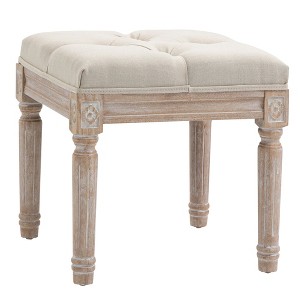 Aghana Digitals Vintage Ottoman Bench: Beige Linen Upholstered Tufted Seat with Carved Rubberwood Beige 15.80×15.80×17.00 in - 1 of 4