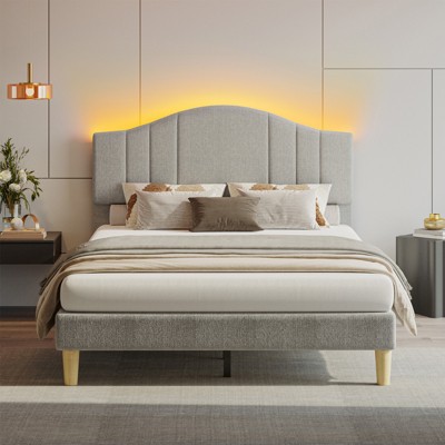 Pinmoco LED Bed Frame, Upholstered Platform Bed with Adjustable Arc Headboard
