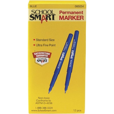 School Smart Non-Toxic Quick-Drying Water Resistant Permanent Marker, 0.6 mm Ultra Fine Tip, Blue, pk of 12