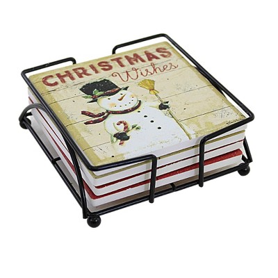 Festive Christmas Stone Coaster Set with Wire Holder