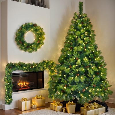Resenkos 6FT Grass Green Christmas Tree, Large Branches Pine Tree, Pre-Lit Set with Tree & Garland & Wreath