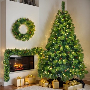 Resenkos 6FT Grass Green Christmas Tree, Large Branches Pine Tree, Pre-Lit Set with Tree & Garland & Wreath - 1 of 4