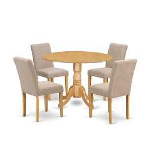 HomeStock 5-Piece Round Natural Oak Finish Solid Wood Top Dining Table with 4 Parson Chair with Drop Leaf - 1 of 4