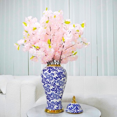 NicBex Cylinder Ceramic Vase Home Decor with Blue Pattern, Gold Trim and Removable Lid for Centerpieces for Dining Room, Living Room, Office