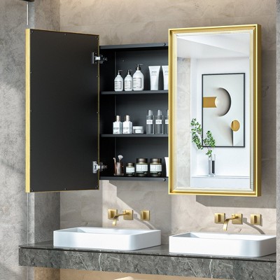 Keonjinn 36 in. W x 32 in. H  Metal Framed Gold Rectangular Framed Recessed/Surface Mount with Mirror,Gold