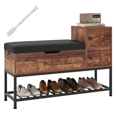 Tangkula Entryway Bench Shoe Bench w/ Flip Top Box & 2 Door Cabinets PVC Seat Cushion