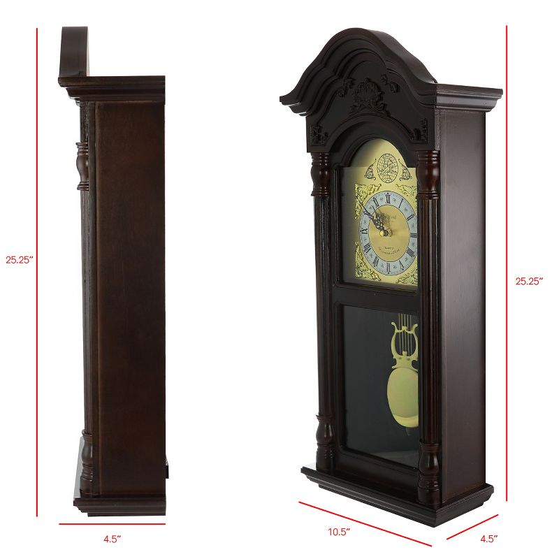 Bedford Clock Collection 25.5 Inch Antique Mahogany Cherry Oak Chiming Wall Clock with Roman Numerals, 3 of 6