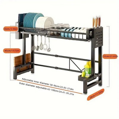 Dish Drying Rack, Multifunctional Retractable 2-Tier Drain Rack with Utensil Holder, Space Saving Countertop Dish Drainer for Kitchen Sink, Black