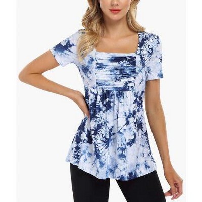 Printed Square Collar Pleated A-Sleeve Short Sleeve Simple Knit T-Shirt Top