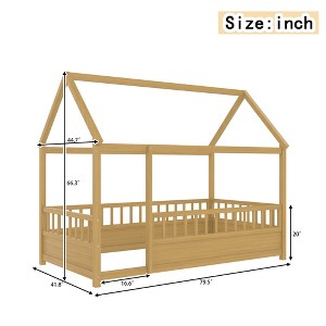 Gulches Twin Size House Roof Floor Bed - Solid Pine Wood Kids Bed with 20'' Safety Guardrails, Spacious Entrance, Natural Finish,Easy Assembly - 1 of 4