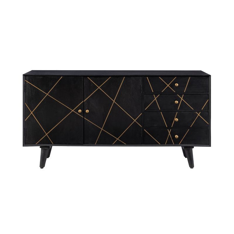 58&#34; Wafford Mid Century Modern Storage Console Solid Wood Gold Trim 3 Doors Black - Powell, 5 of 16