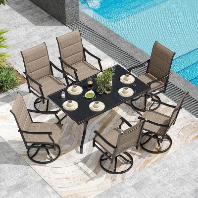 VisioGear Patio Accent Table Sets, 7-Piece Outdoor Table and Chairs Set, Patio Table with Umbrella Hole for Backyard, Brown, 21.7"*21.7"*40.2"