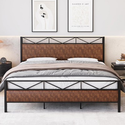 homfan King Size Bed Frame with Headboard, Industrial Platform Upholstered Bed Frame with 14 Strong Metal Slats Support, 11'' Under-Bed Storage,Brown