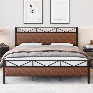 homfan King Size Bed Frame with Headboard, Industrial Platform Upholstered Bed Frame with 14 Strong Metal Slats Support, 11'' Under-Bed Storage,Brown - 1 of 4
