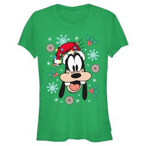 Juniors Mickey & Friends Christmas Hat Ornaments Goofy Portrait T Shirt - 1 of 4