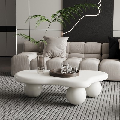 VYNXARIA 40-Inch Cream White Cloud Shaped Coffee Table with 3 Ball Legs - Chic Living Room Essential